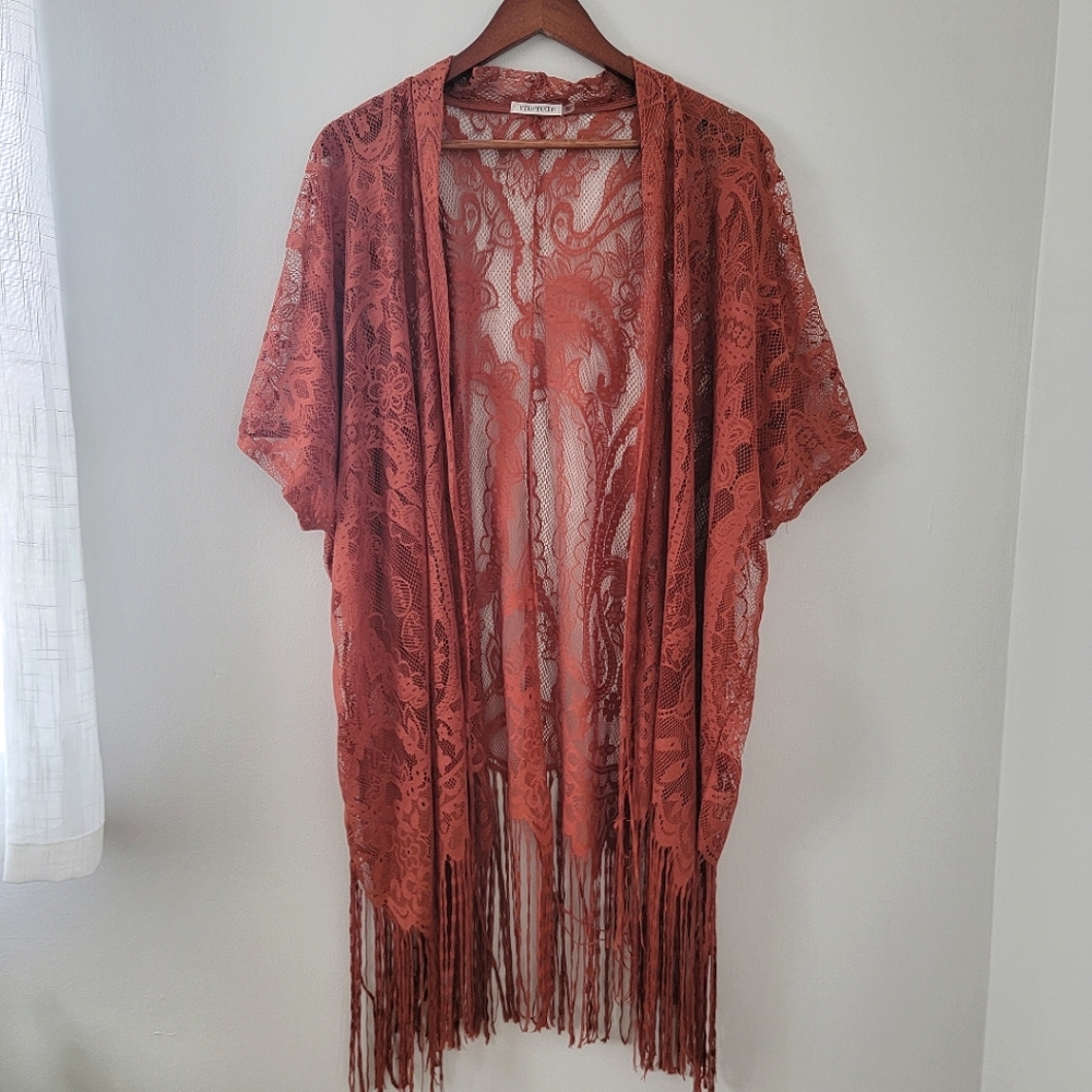 Emerette Terracotta Lace Kimono or Swim Cover Up with Fringe- Large